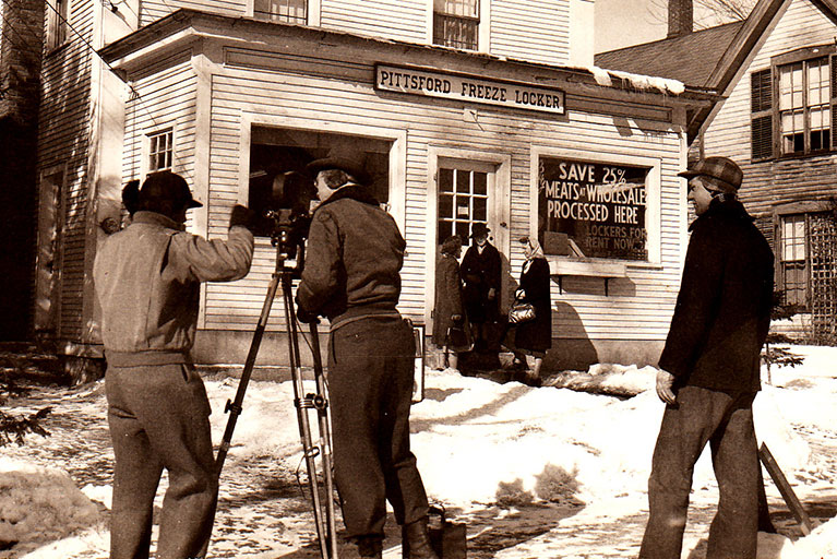 Filming in 1950 in front of the Pittsford Freeze