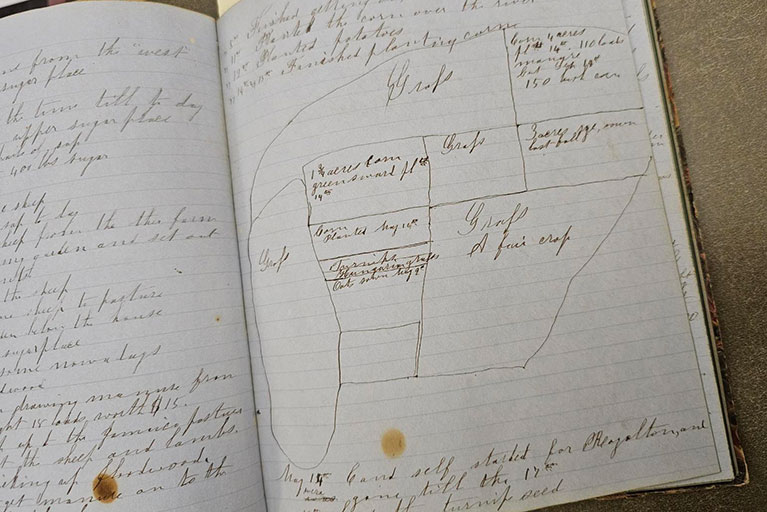 Old farm journal written on lined paper in fountain pen